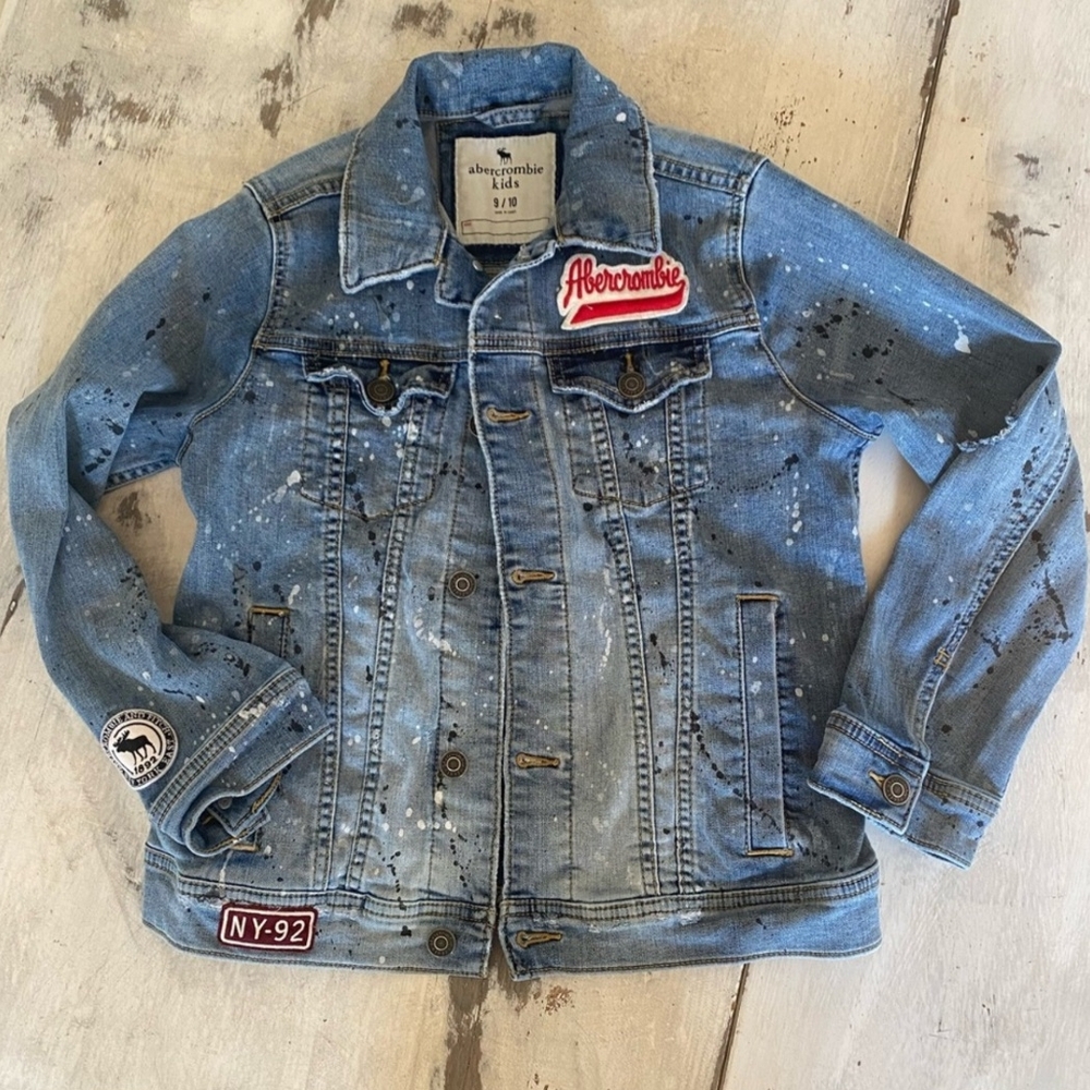 Abercrombie Kids Blue Jean Jacket with Patches and Paint Splatter